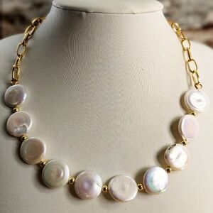 Natural White Pearl Coin In Paperclip Gold Filled Necklace